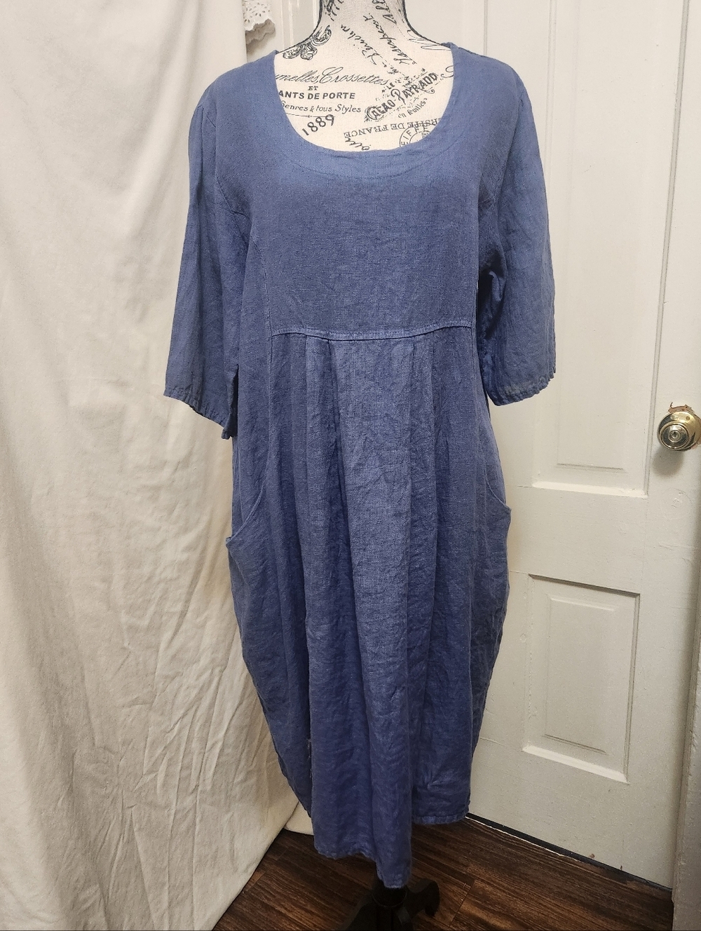 WoolOvers 100% Linen Relaxed Tunic Pocket Dress Blue Size 8 EUC